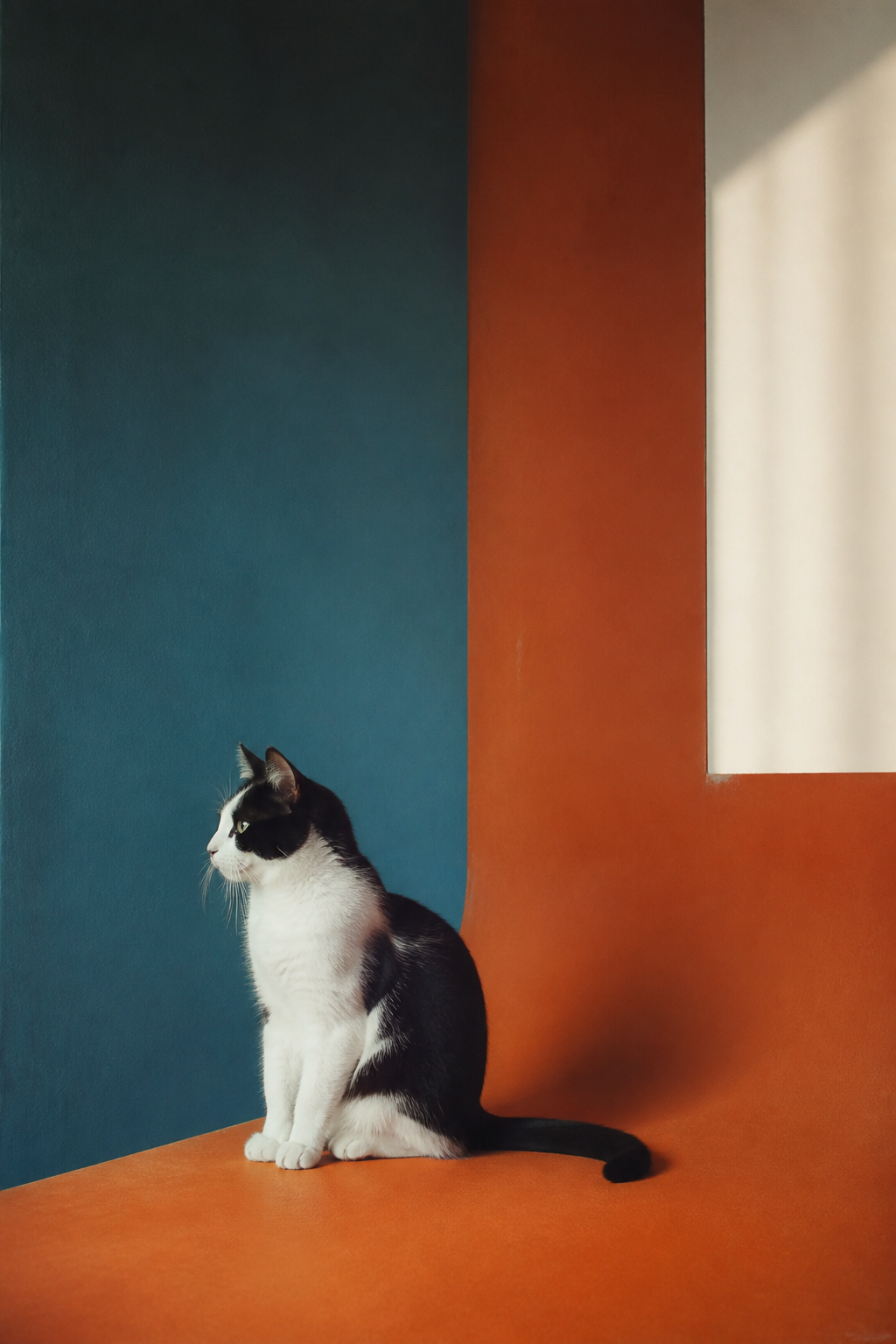 Peiyuan Liao cat photograph of a black and white cat in a deep cyan room