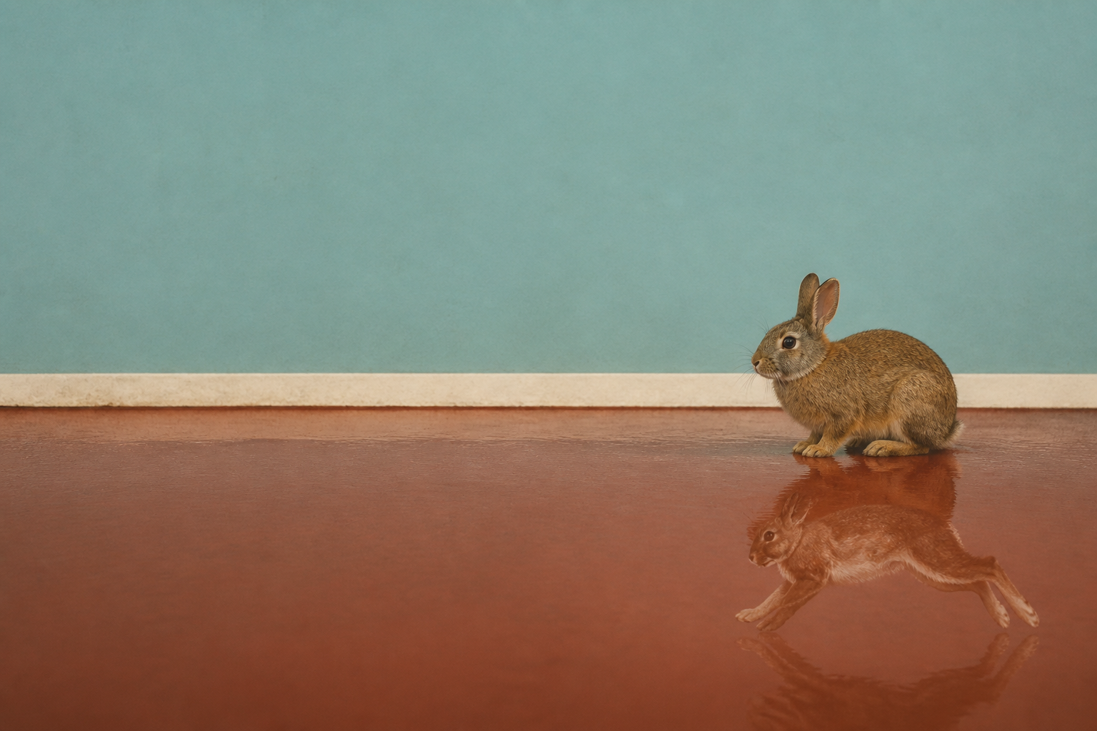 Peiyuan Liao fine art rabbit portrait reflected across a rust-colored floor
