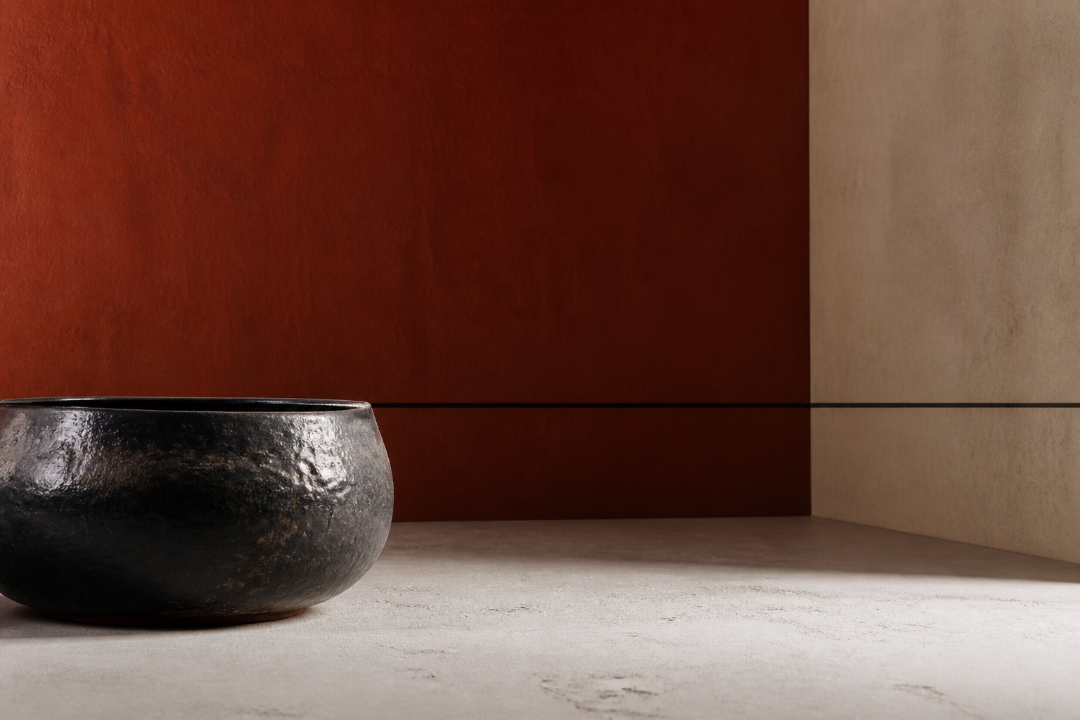 Peiyuan Liao still life photograph of a dark glazed vase against vermilion and stone planes